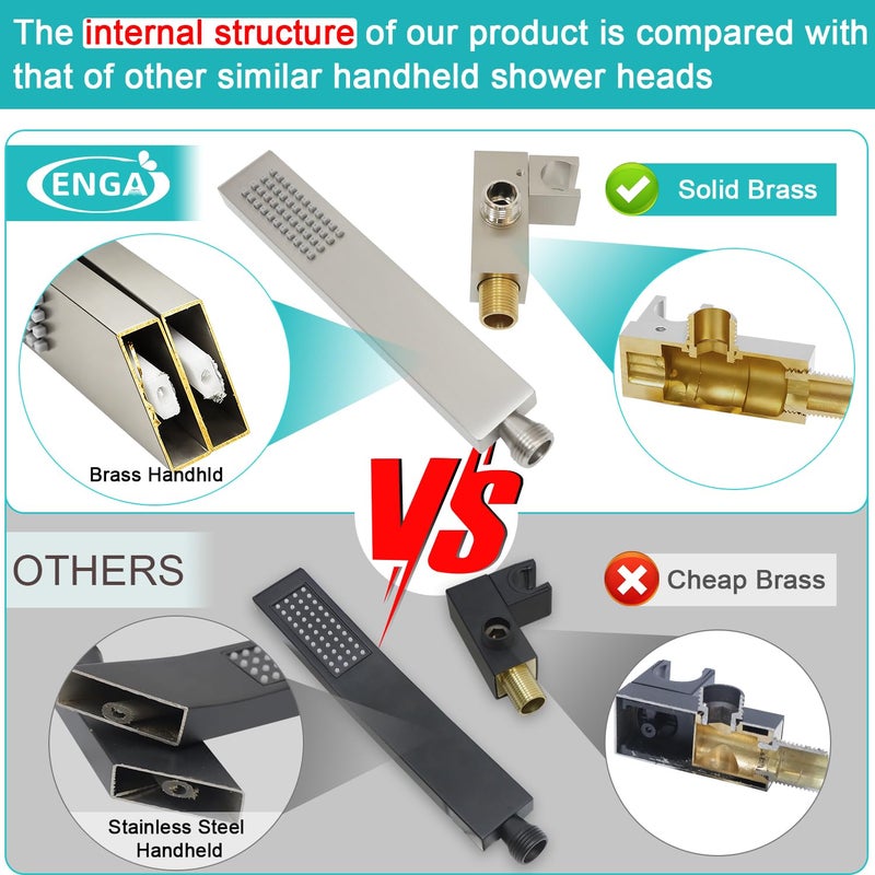Enga Solid Brass High Pressure Hand Held Shower Wand Square Head with Adjustable Supply Elbow Wall Connector Shower Holder and Hose Set, Brushed Nickel - Image 2